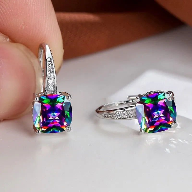 Square geometric zirconia ear hook earrings in a selection of gold, rose gold and platinum plated colours.