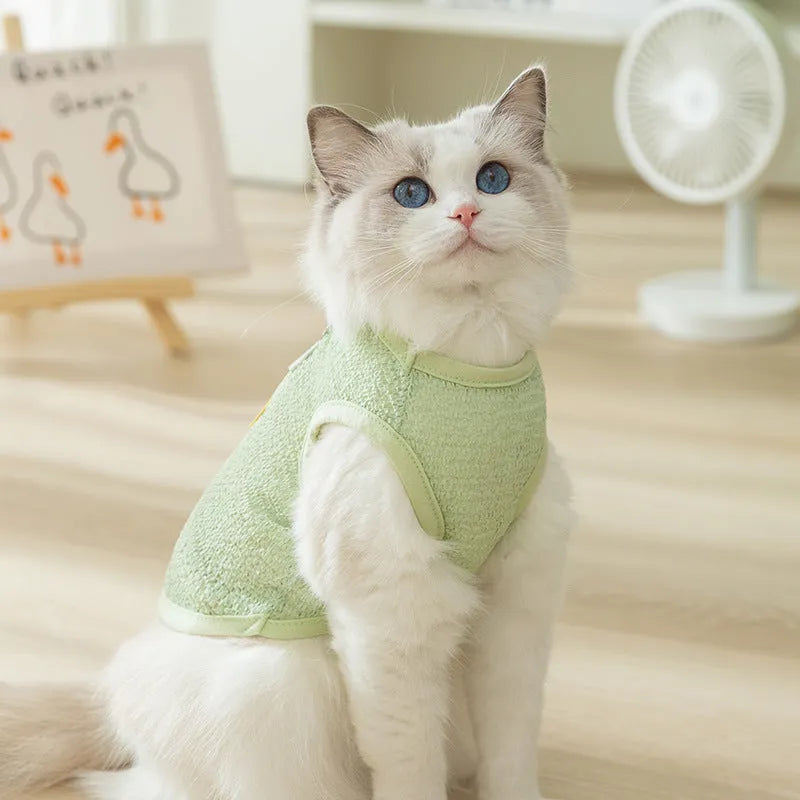 Green knitted cat clothes with a hollowed-out design and a cartoon bear patch.
