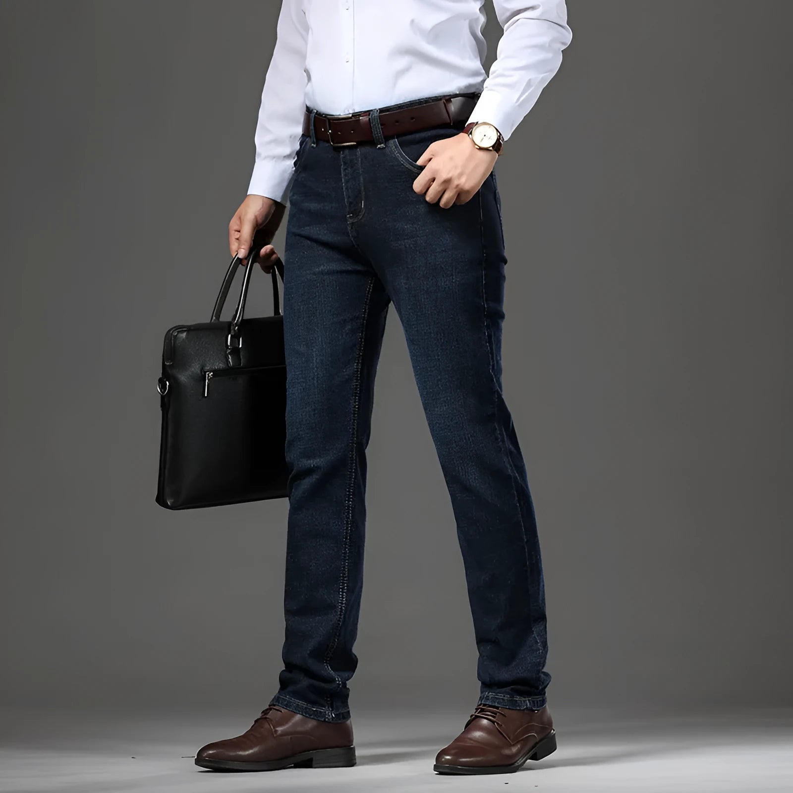 Man wearing black loose fit straight leg stretch denim jeans, showing mid waist and zip fly.