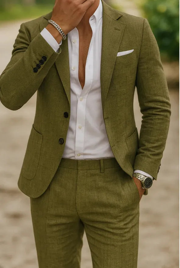 Two-piece men's digital printing suit with two buttons, army green colour, nylon blend fabric