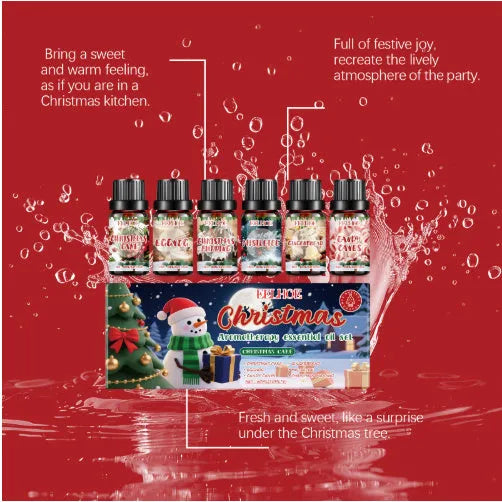 Christmas aromatherapy oil set showing 60ml warmer unit and six 10ml essential oil bottles