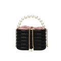Round women's crossbody bag in PU leather with pearl bead decoration and single shoulder strap