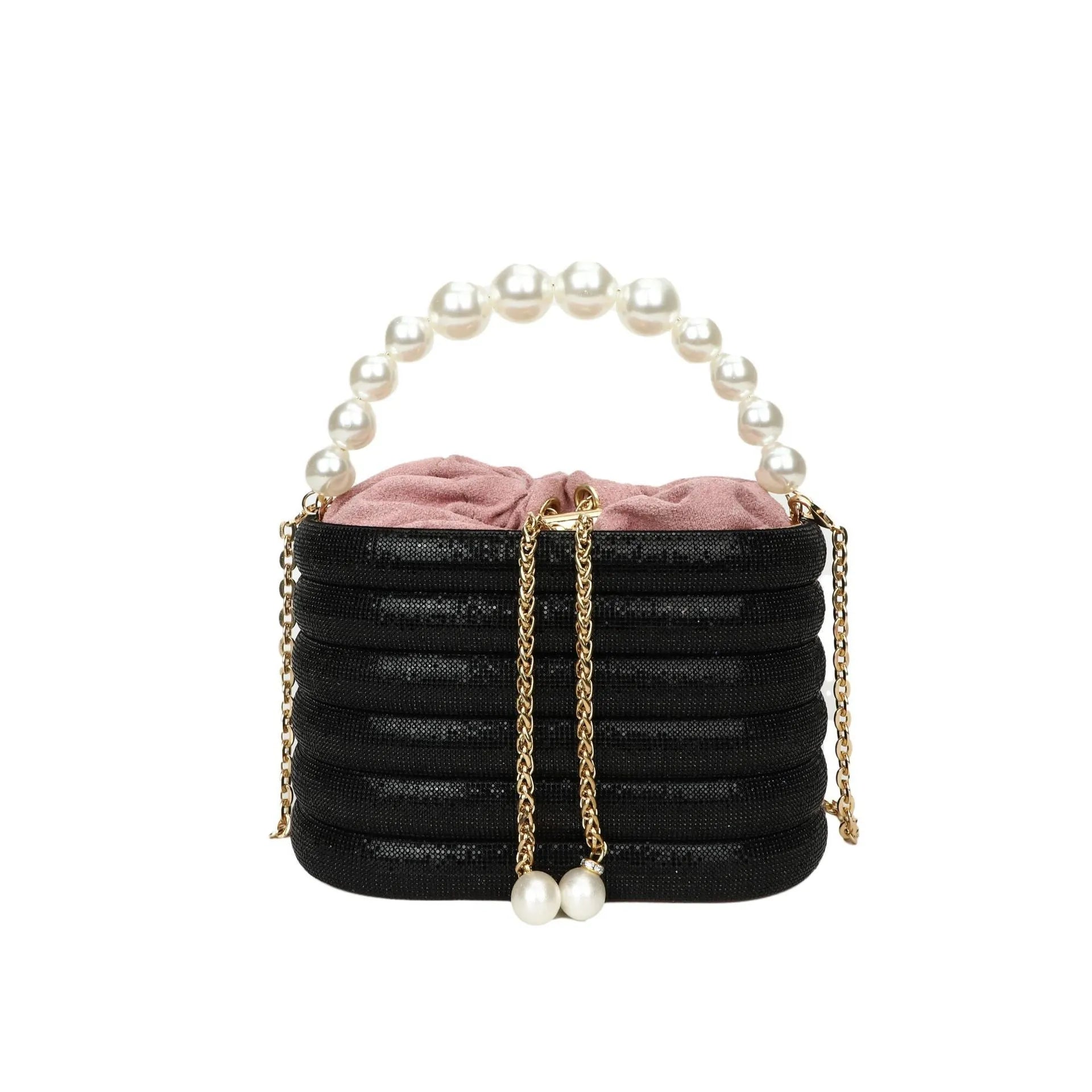 Round women's crossbody bag in PU leather with pearl bead decoration and single shoulder strap