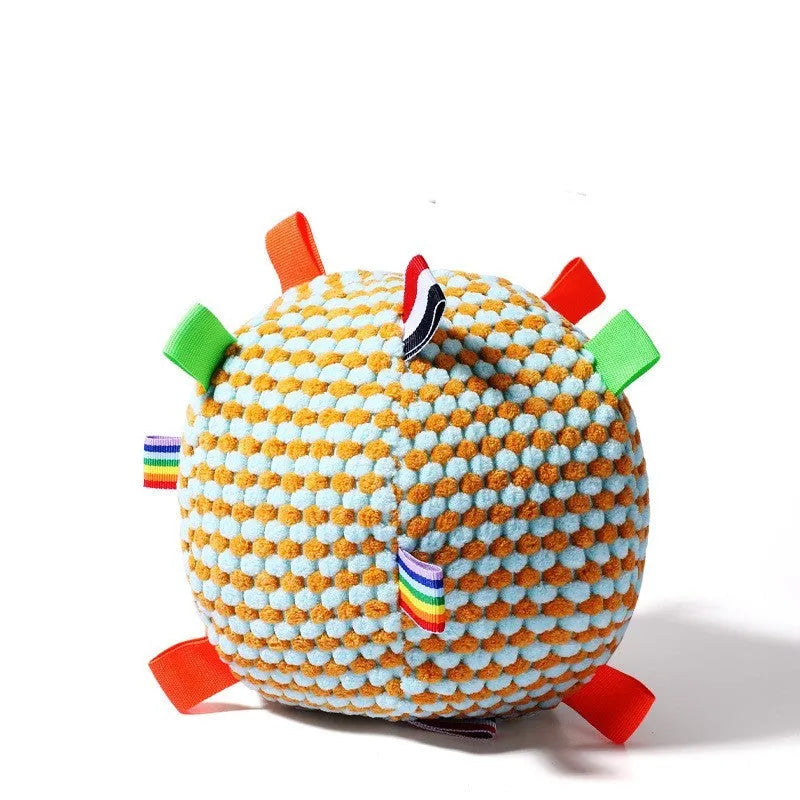 Blue and yellow pineapple lattice dog ball toy with ring rolling design, approximately 17cm diameter