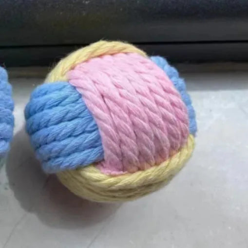 Handmade plush cotton ball cat toy in blue pink, green blue, and pink green colours, shown at 5cm size.