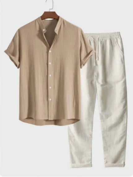 Men's light coloured linen-look casual short sleeve shirt and trouser two-piece suit set on a hanger.