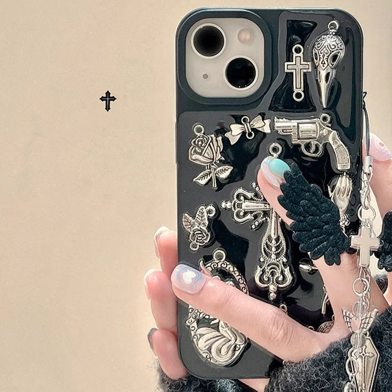 Ins retro dark wind epoxy cross phone case for iPhone showing three-dimensional cross pendant on all-inclusive protective shell