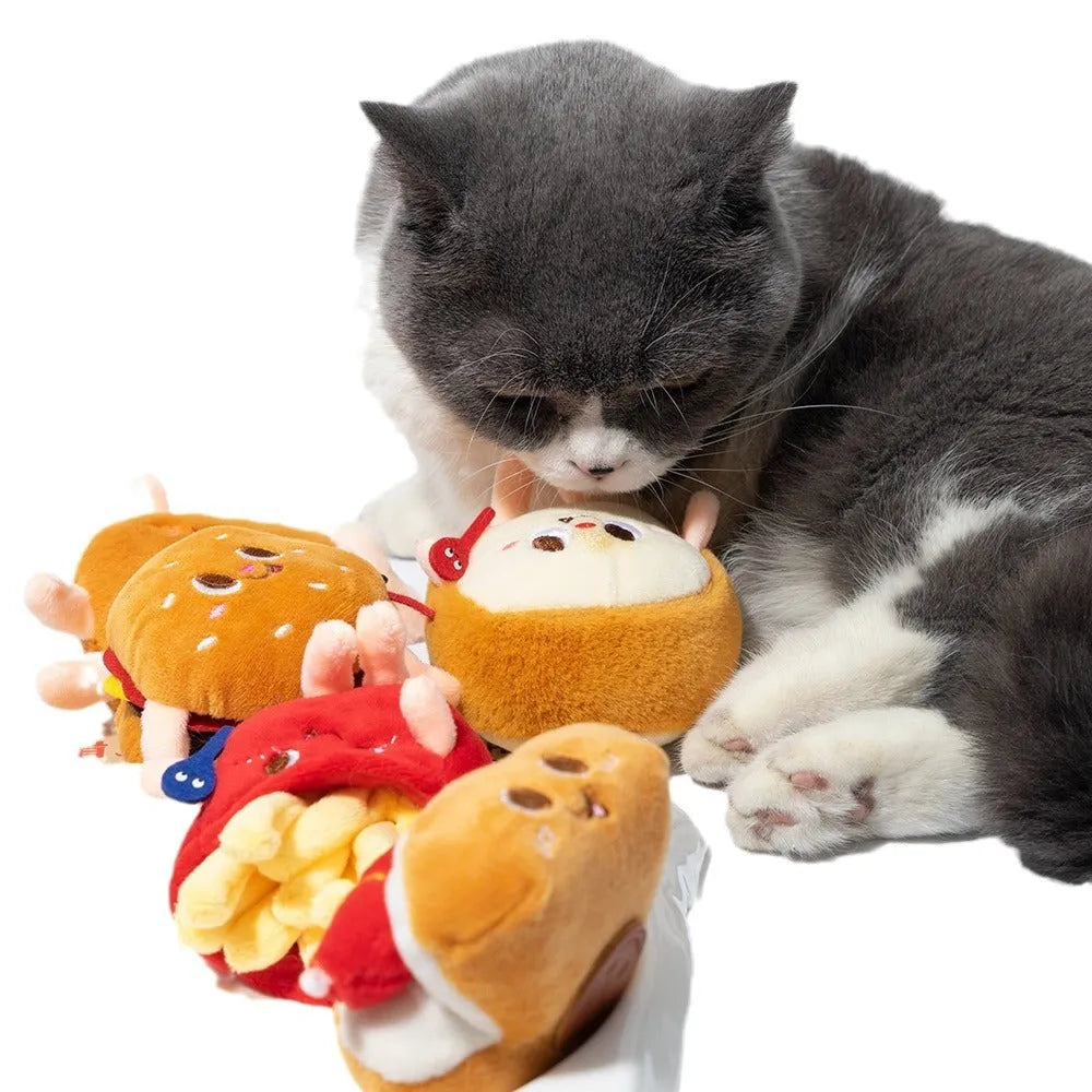 Set of five soft cat chewing toys shaped like bread, chicken legs, fries, a hamburger, and a hot dog.