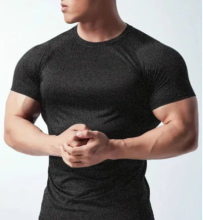Men's black quick-dry polyester casual short sleeve t-shirt on a hanger.