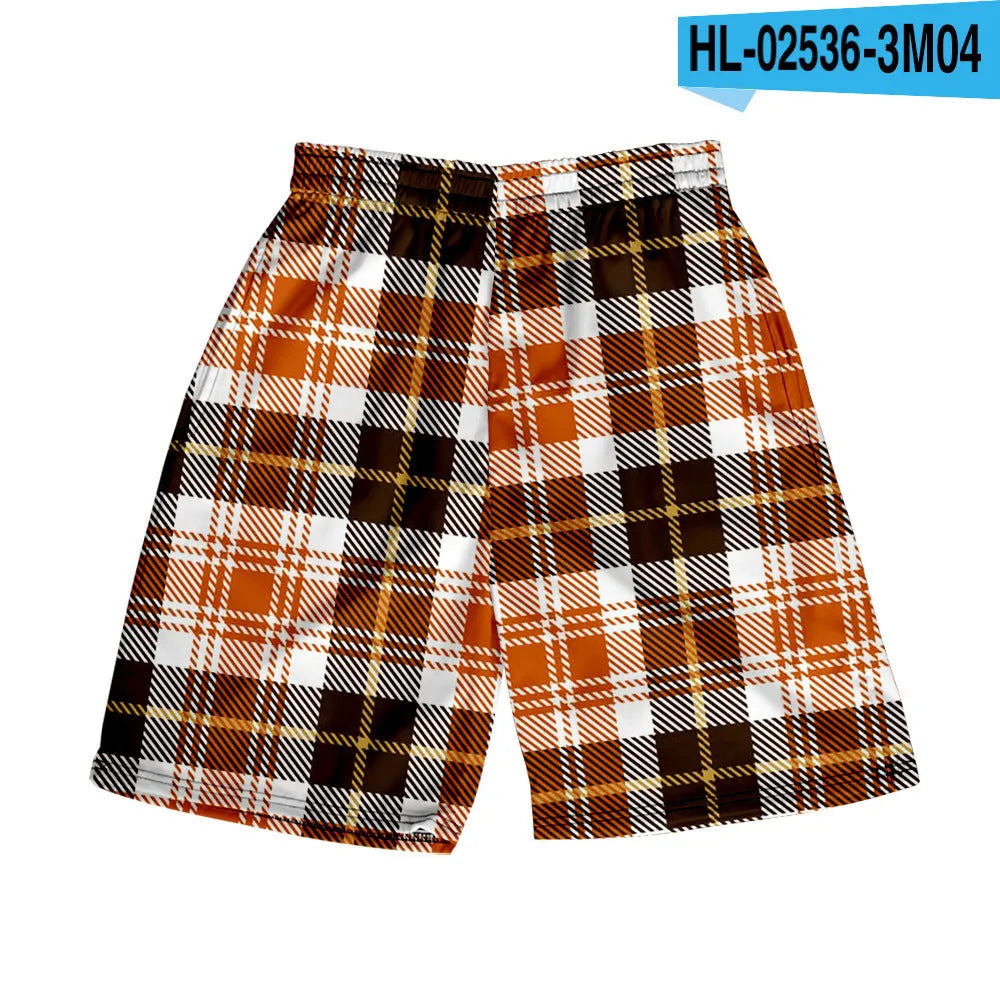 Men's straight cut plaid shorts in polyester fabric with elastic waistband