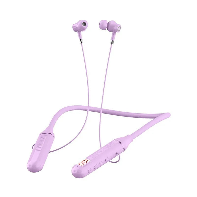 Black wireless Bluetooth neckband sports headphones with a battery display on the neckband.