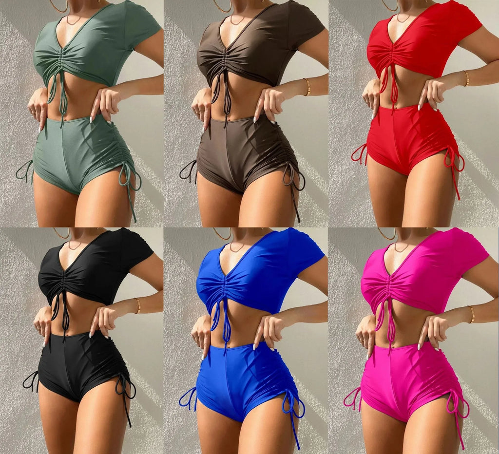 Lady lace-up bow front swimsuit set with matching shorts in multiple colour options