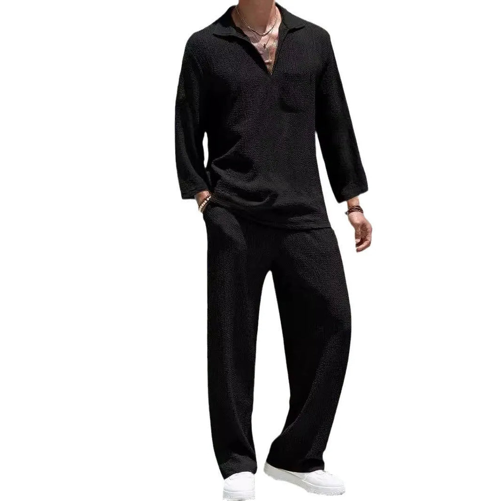Men's casual shirt and trouser suit in polyester, shown in lake blue, for commuting and leisure wear.
