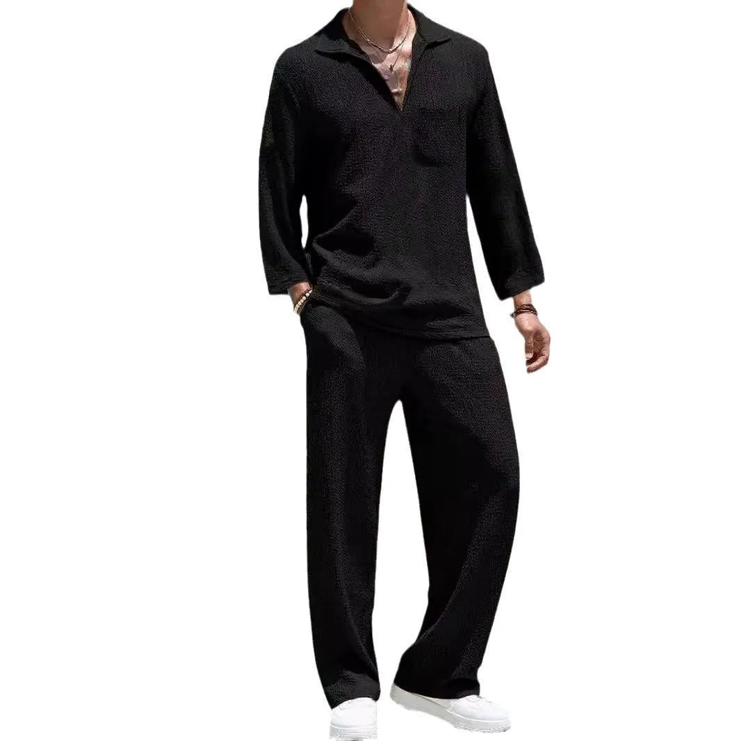 Men's casual shirt and trouser suit in polyester, shown in lake blue, for commuting and leisure wear.