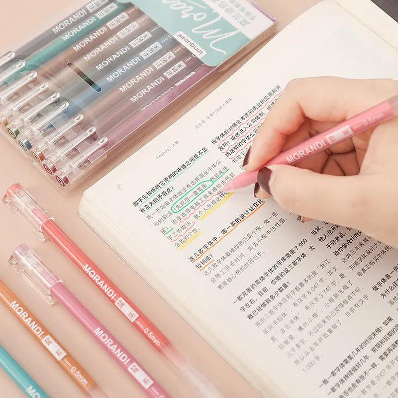 Set of nine retro-style gel pens with 0.5mm needle tips in various solid colours for student notes