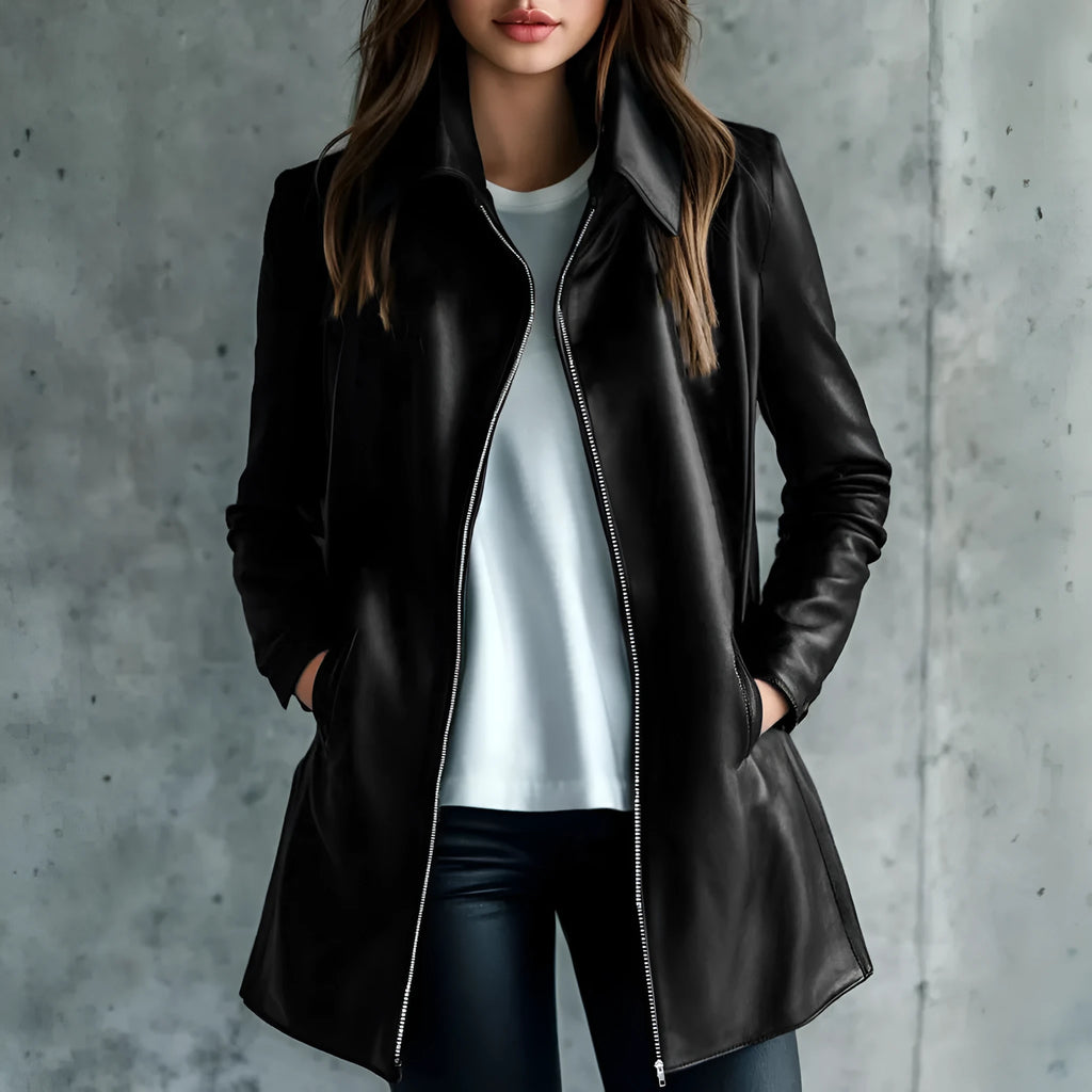 Women's solid black leather jacket with long sleeves, medium 65cm length, on a hanger.