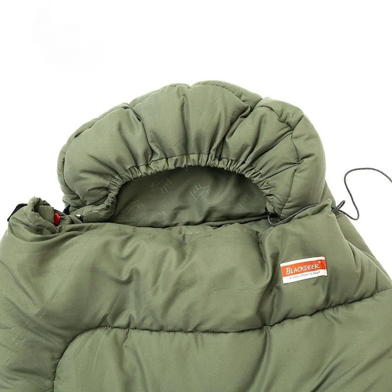 Outdoor camping cotton sleeping bag shown in ochre and olive green colour options