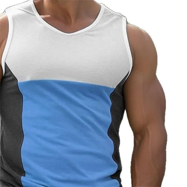 Men's blue sports vest with contrast colour panels for summer running and fitness activities