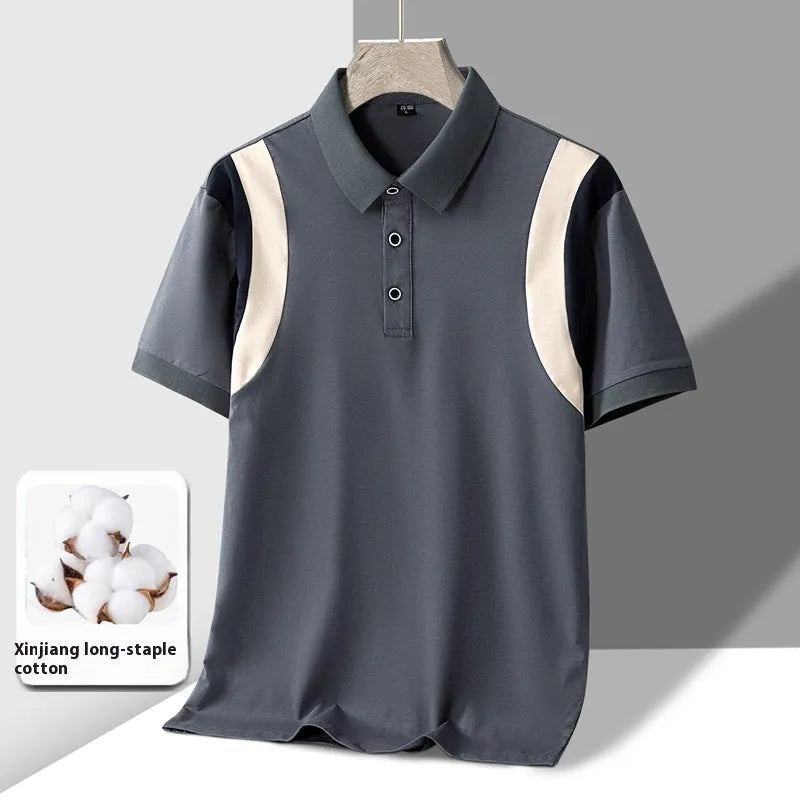 Man wearing a thin grey and white striped cotton t-shirt with a lapel collar and short sleeves.