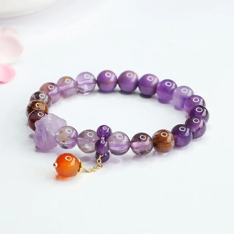 Natural nine purple amethyst crystal bracelet with red agate stones in Mori design