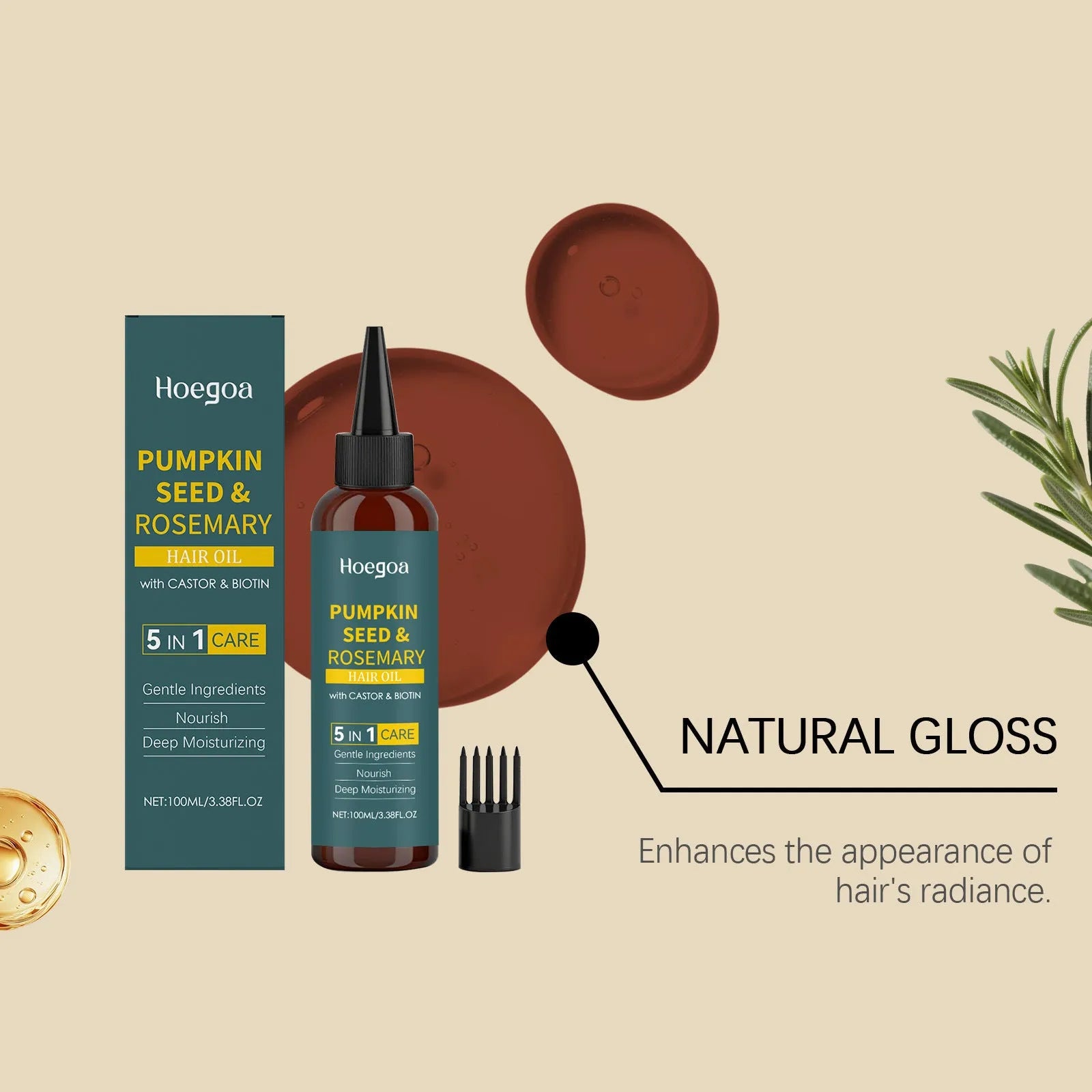 Rosemary hair oil treatment set with 100ml bottle, pointed applicator nozzle and hair comb