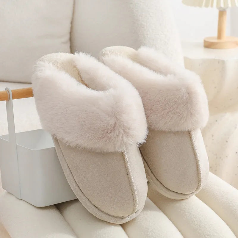 Women's winter plush slippers with artificial wool lining and non-slip PVC soles in various colours