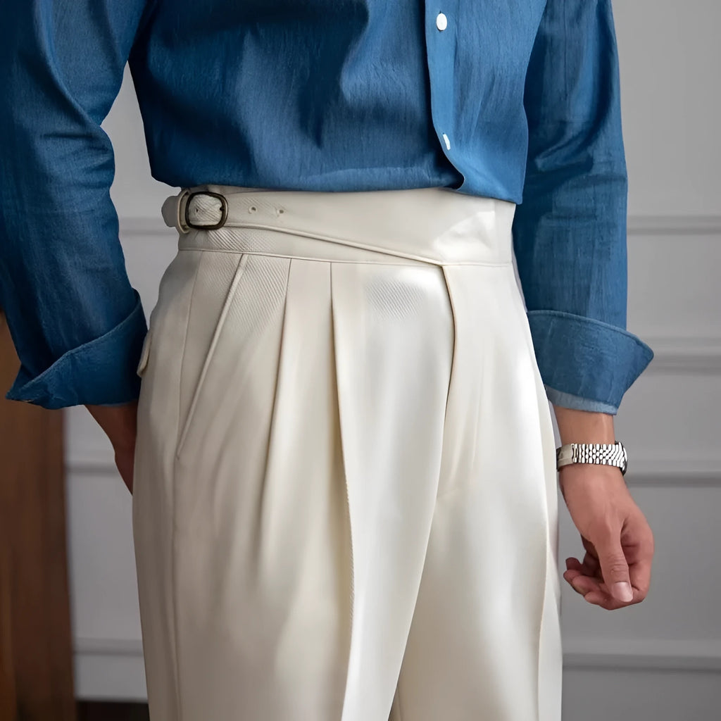 Men's high-waist straight-leg casual trousers in black, shown flat.