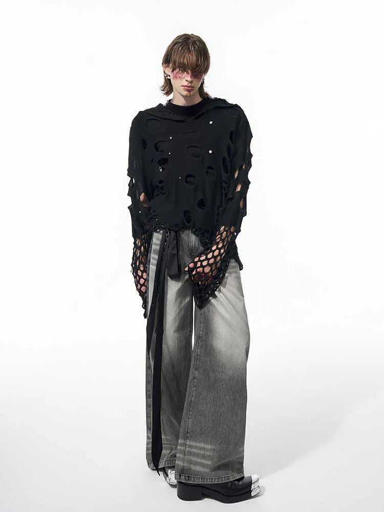 Black men's loose-fit hollow knit hoodie with pearl decorative detail on the front.