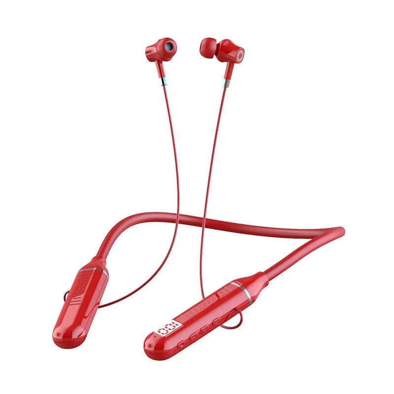 Black wireless Bluetooth neckband sports headphones with a battery display on the neckband.