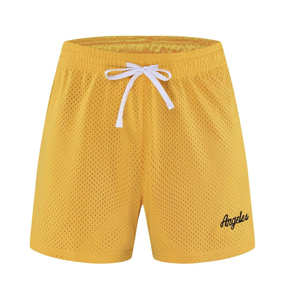 Men's personalised double-layer mesh shorts in polyester available in eight colours including sports purple with Asian sizing