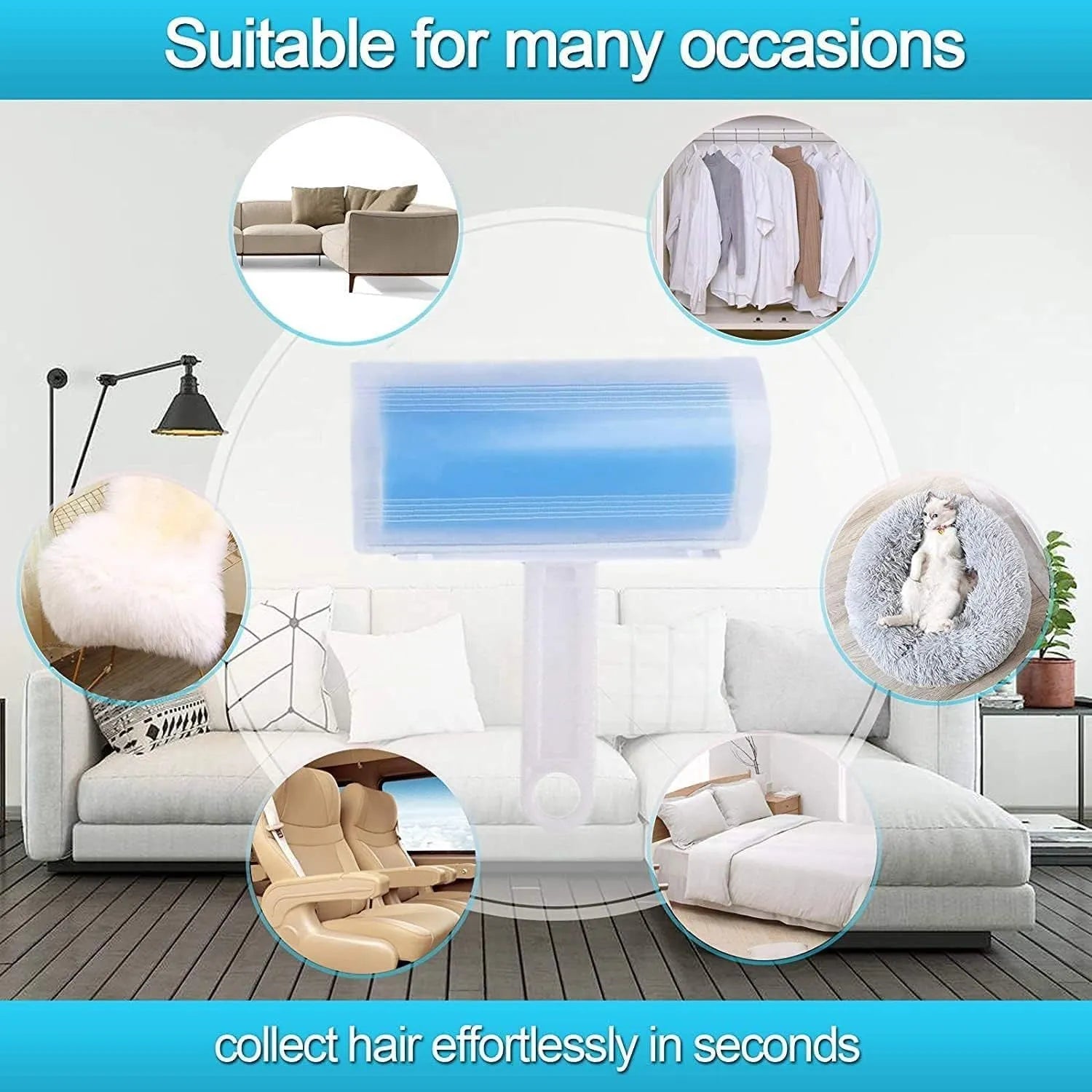 Blue washable reusable lint roller with cover for removing pet hair from clothes and furniture.