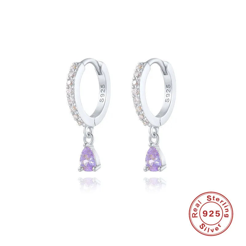 Geometric water drop earrings in Sterling Silver with electroplated gold finish and purple diamond stones