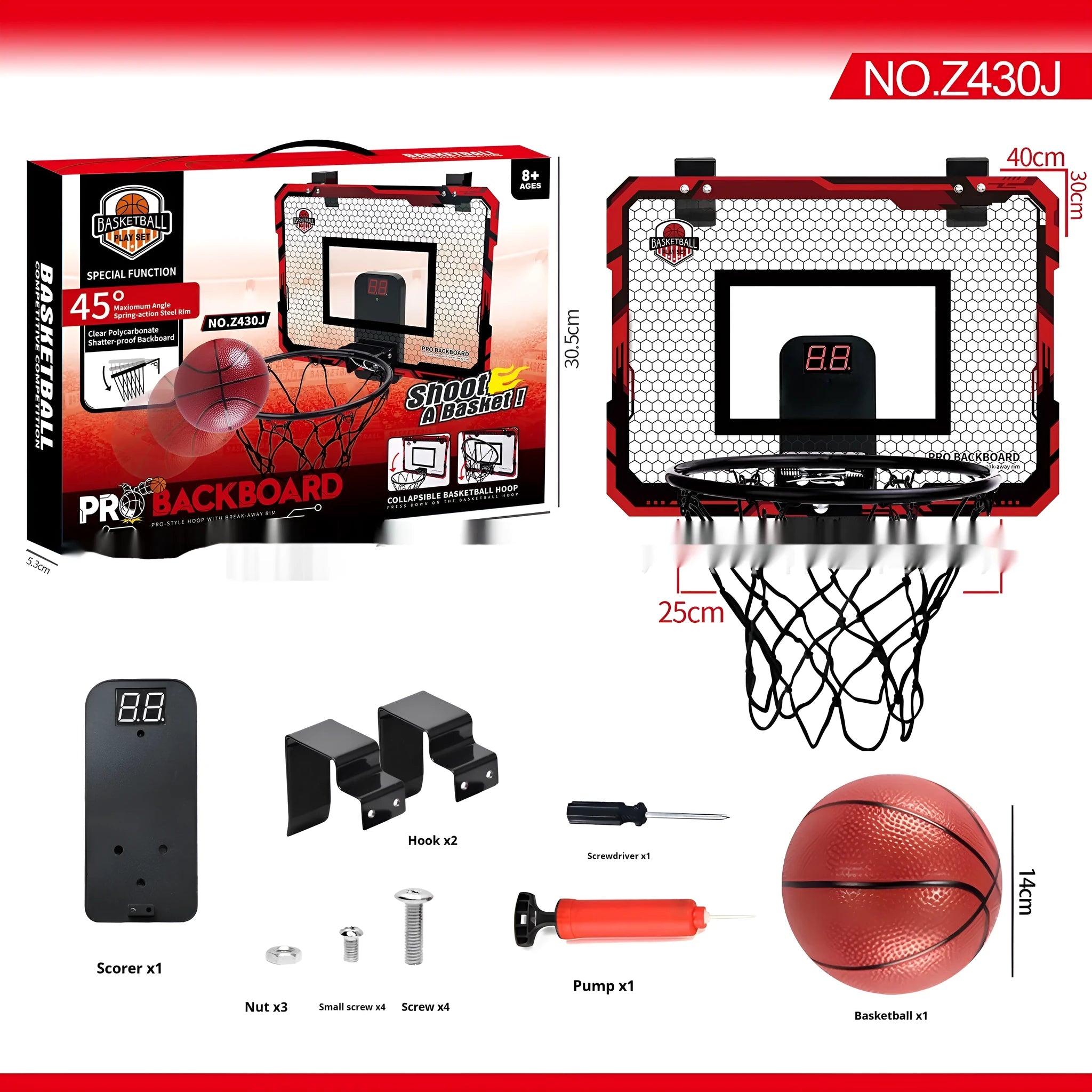 Red folding basketball frame with suction cups mounted on glass door showing scoring panel