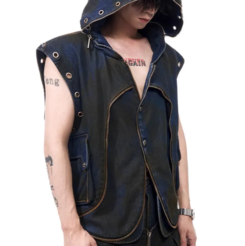 Blue hooded denim vest coat with matching trousers men's casual outfit set Korean style
