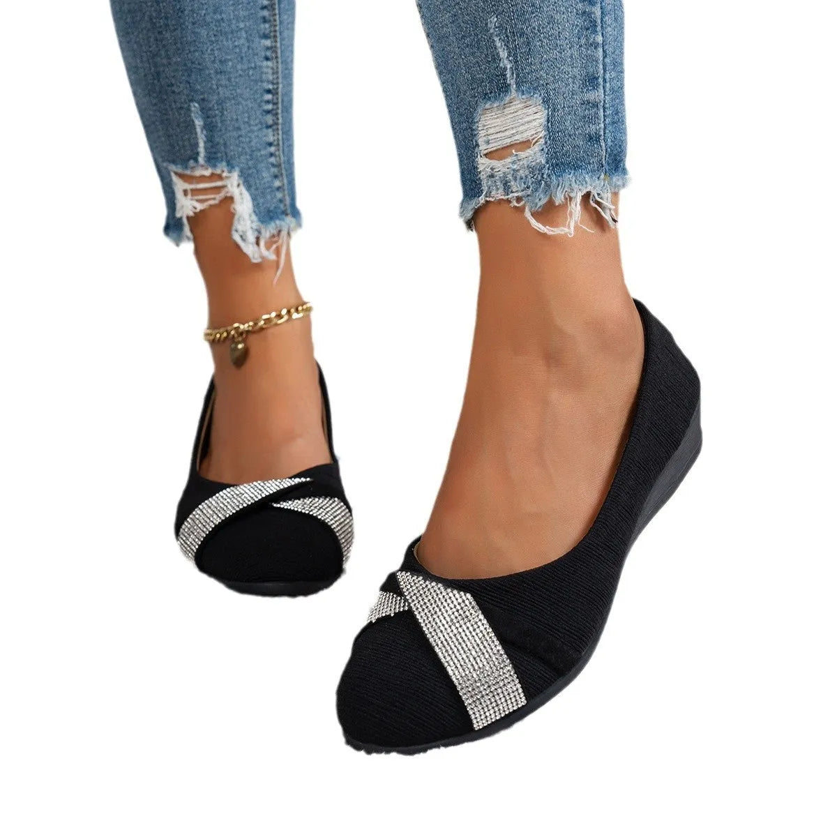 Women's black casual slip-on shoes with rhinestone details, round toe and 6-8cm chunky heel