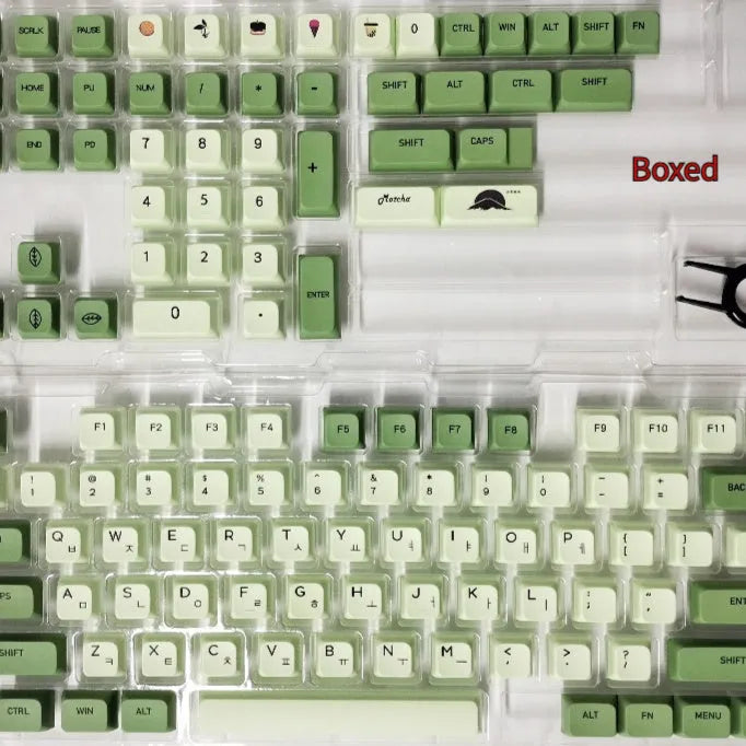 124 Key Matcha green and beige PBT keycap set for mechanical keyboards, showing multiple language layout options.