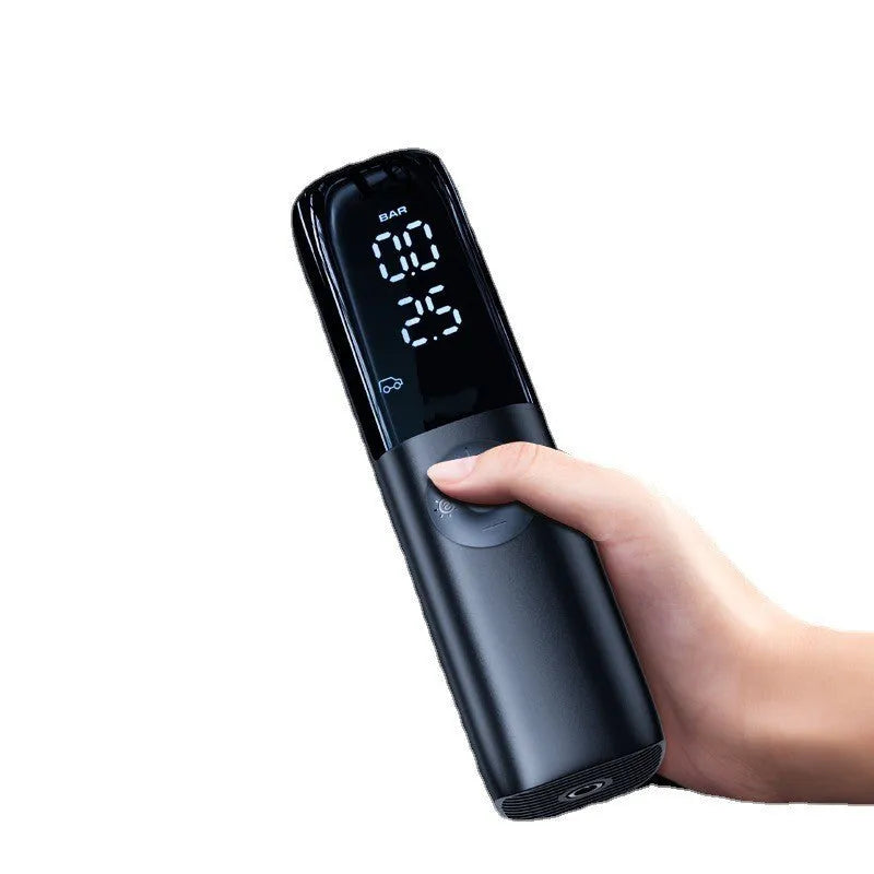 Black portable electric car air pump with tyre pressure gauge and power plug