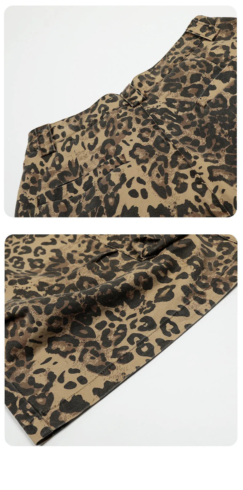 Leopard print cropped straight-leg trousers with high waist and button-front opening
