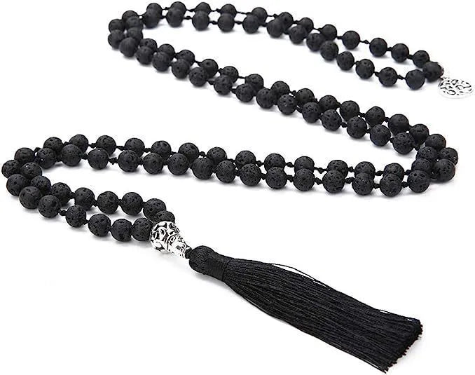Handmade knotted beaded necklace with stone pendant showing 108 beads and geometric design