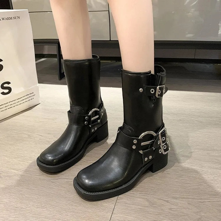 Women's platform boots with belt buckle detail in middle calf length, available in black or brown