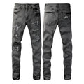 Stretch slim-fit skinny jeans in dark denim with mid waist and zip fly on a model