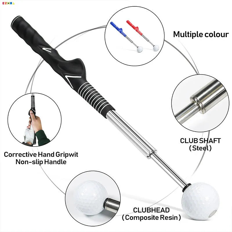 Telescopic golf swing simulator trainer in stainless steel, shown extended for use.