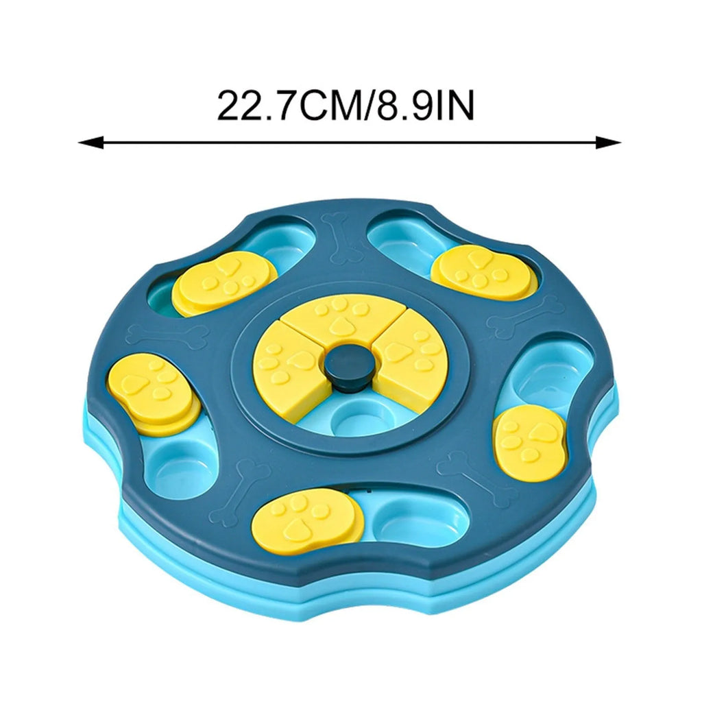 Blue and pink dog puzzle feeder toy with multiple compartments for interactive food searching gameplay