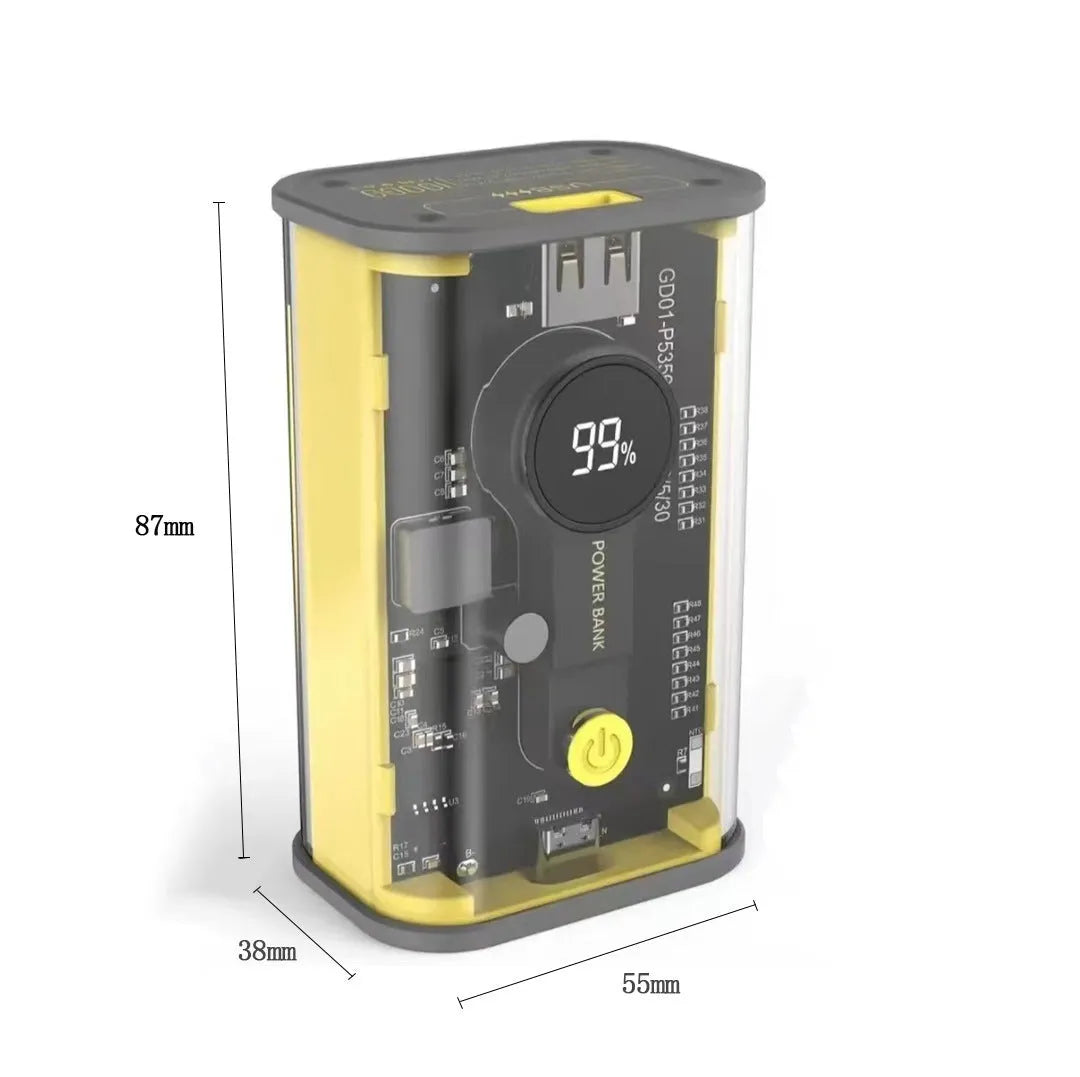 Transparent cylindrical aluminium power bank with 10000mAh capacity in black or yellow