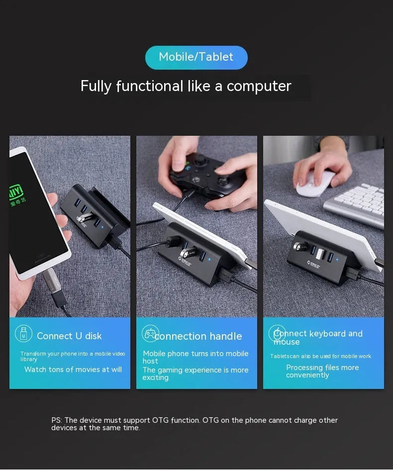 USB 3.0 4-port external hub with bracket, no external power supply, for trade fairs