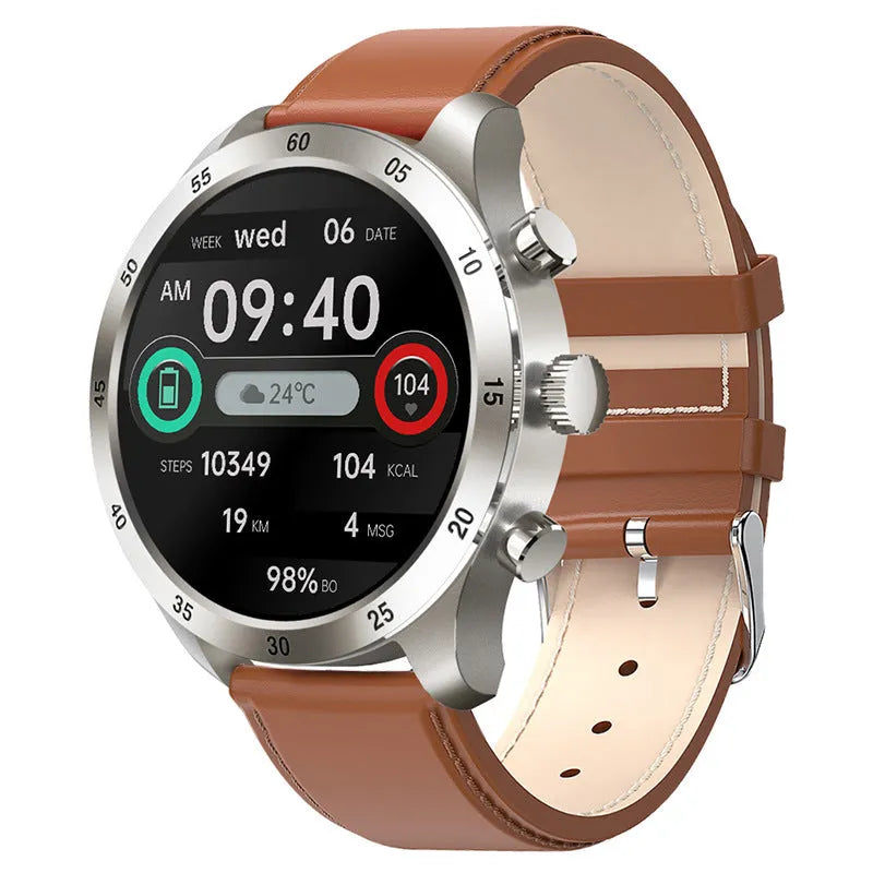 Apple iOS smart watch with Bluetooth calling on wrist, showing bamboo steel strap option.