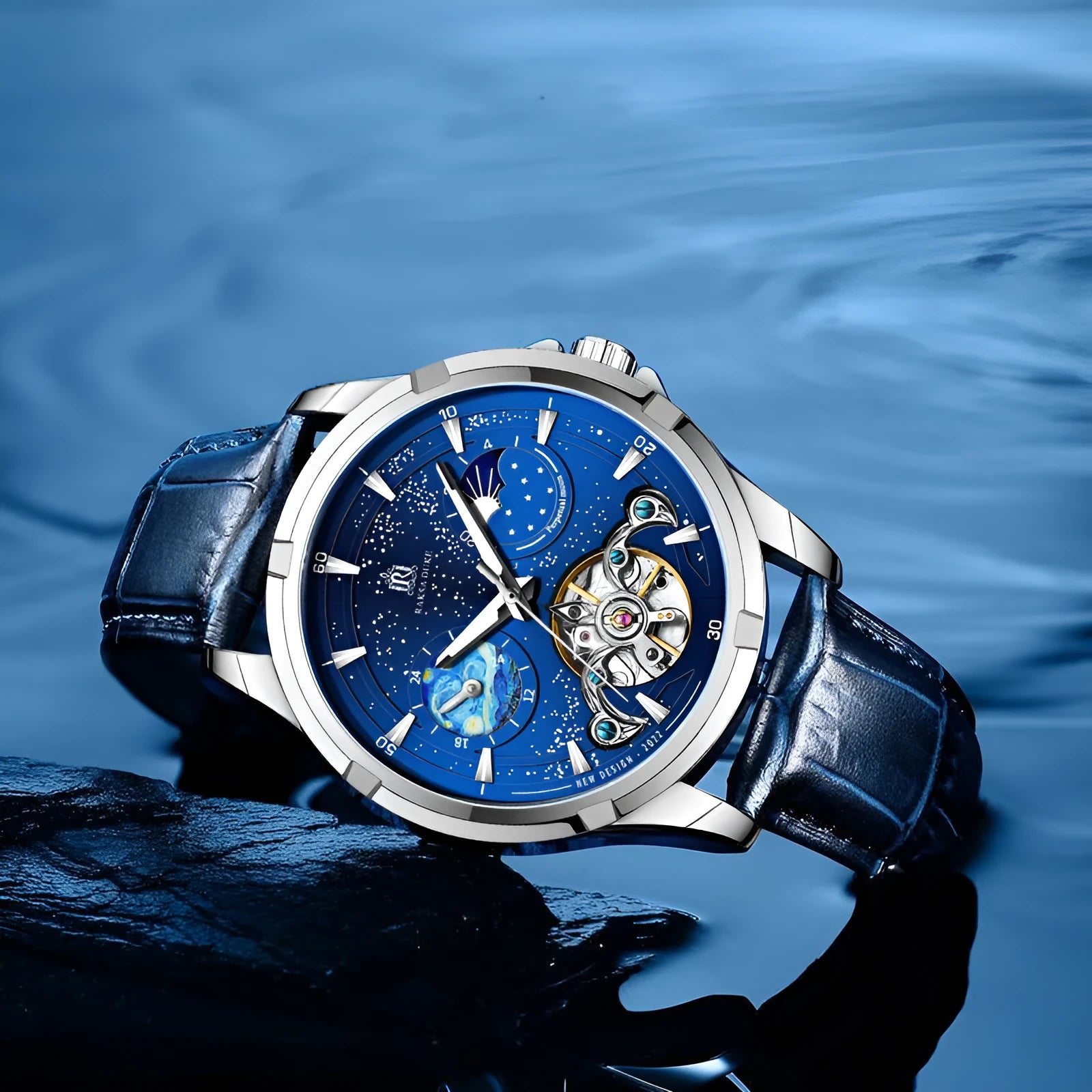 Men's blue automatic mechanical watch with skeleton design showing internal gears