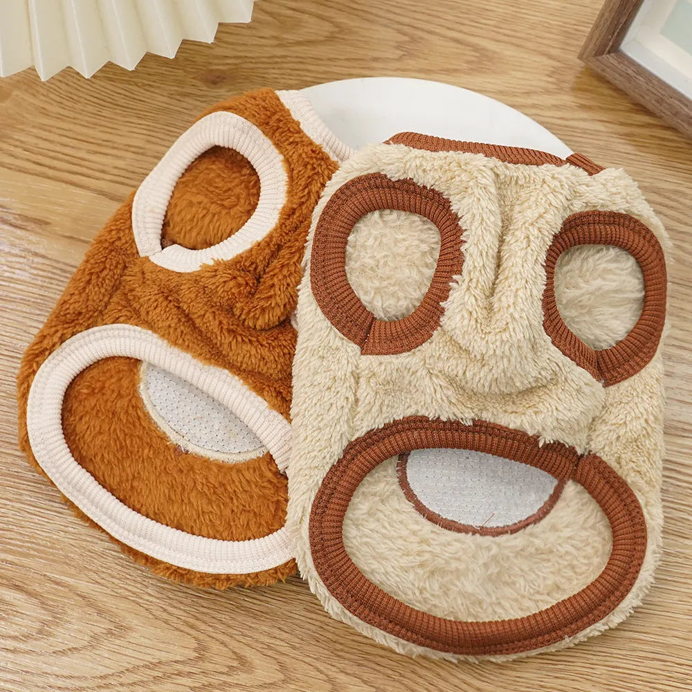 Cream fleece-lined pet dog clothes with brown bear ears on a white background, side view