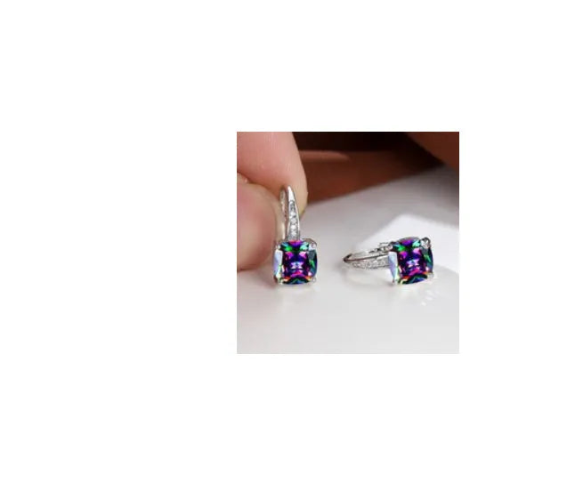 Square geometric ear clip earrings with colourful moissanite inlays and electroplated gold finish