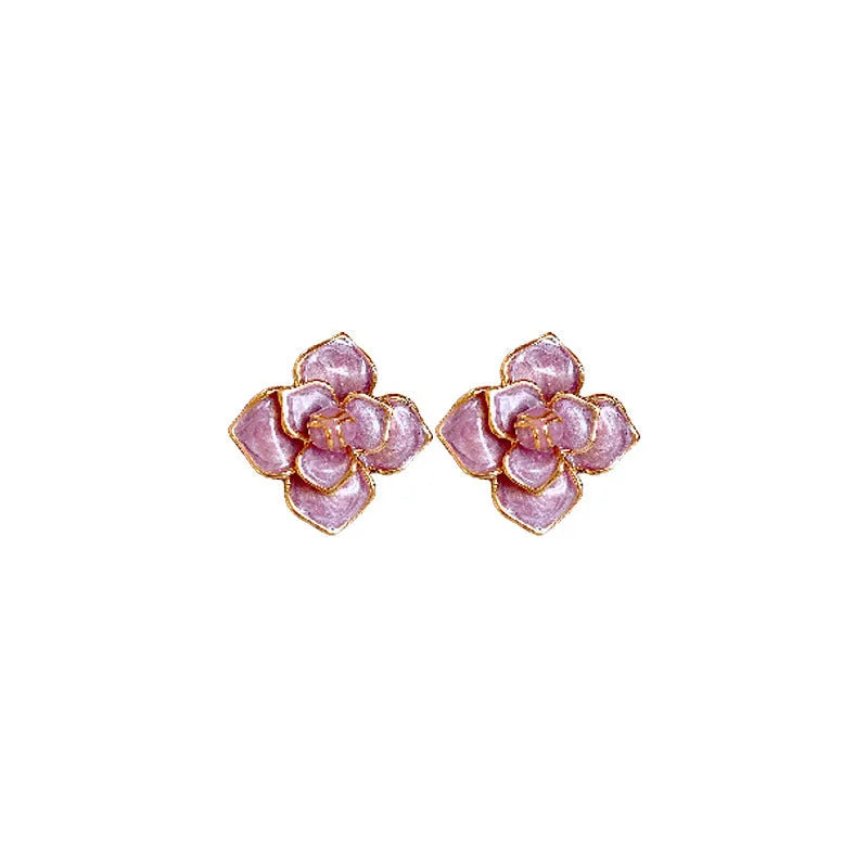 Gold plated purple flower stud earrings with an oil-spot glaze effect on copper
